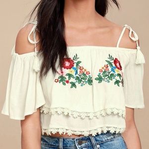 SOLEMIO Cute Ruffled Embroidered Cream Crop Top-S